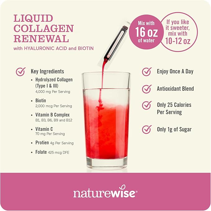 NatureWise Liquid Collagen for Women & Men 4000mg, Type 1 & 3 Peptides with Biotin for Hair, Skin and Nails + Vitamin C + Vitamin B Complex - Low Sugar - Mixed Berry - 10 Tubes