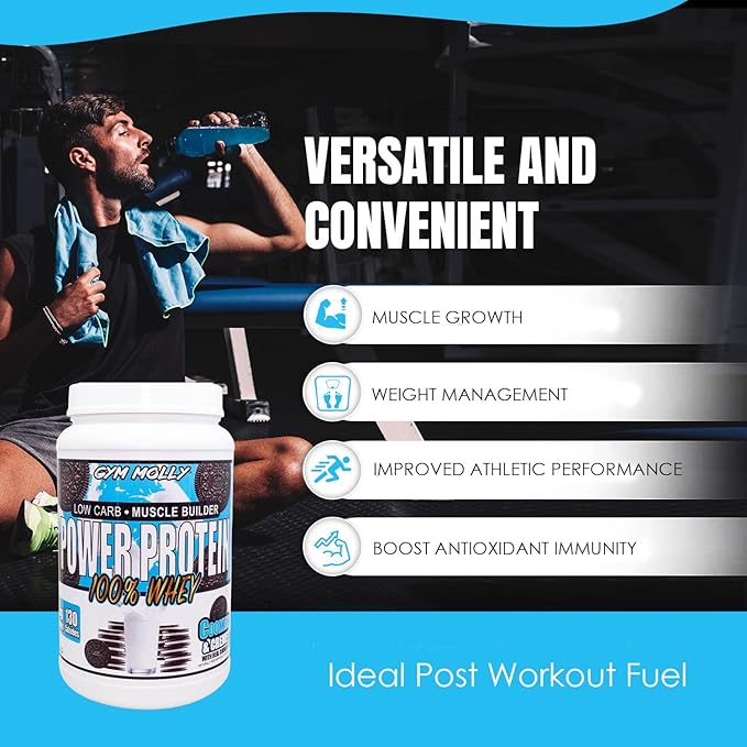 Gym Molly Power Protein Powder, 100% Whey Protein Isolate, 25g of Protein, 5.5g BCAAs, Fast Absorbing - Ready to Give You Fuel Around The Clock - 2lbs, Cookies & Cream Flavored