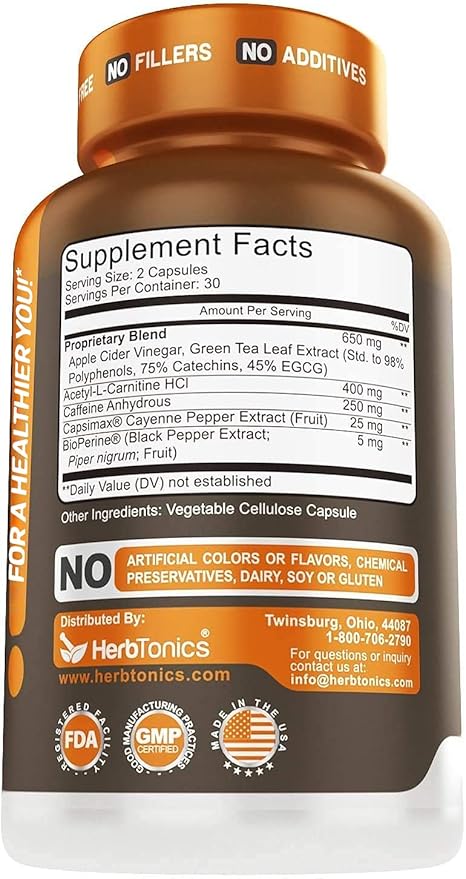 Herbtonics Thermogenic Supplement | Metabolic Health & GLP-1 Support for Men & Women | Clean Energy & Mental Focus | ACV, Green Tea Extract & Caffeine | 60 Veg Capsules