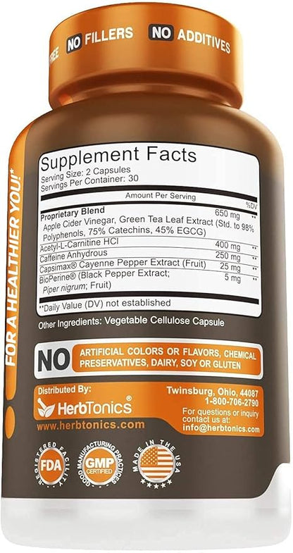 Herbtonics Thermogenic Supplement | Metabolic Health & GLP-1 Support for Men & Women | Clean Energy & Mental Focus | ACV, Green Tea Extract & Caffeine | 60 Veg Capsules