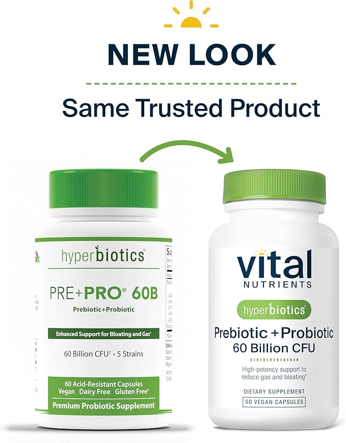 Hyperbiotics Vital Nutrients Prebiotic + Probiotic 60 Billion CFU (Prev. Pre+Pro 60B) | High-Potency Immune & Upper Respiratory Probiotic | Reduce Gas & Bloating | Shelf-Stable | Vegan | 30 Capsules
