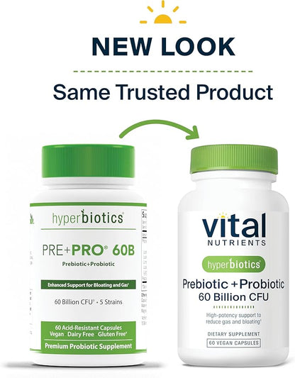 Hyperbiotics Vital Nutrients Prebiotic + Probiotic 60 Billion CFU (Prev. Pre+Pro 60B) | High-Potency Immune & Upper Respiratory Probiotic | Reduce Gas & Bloating | Shelf-Stable | Vegan | 30 Capsules
