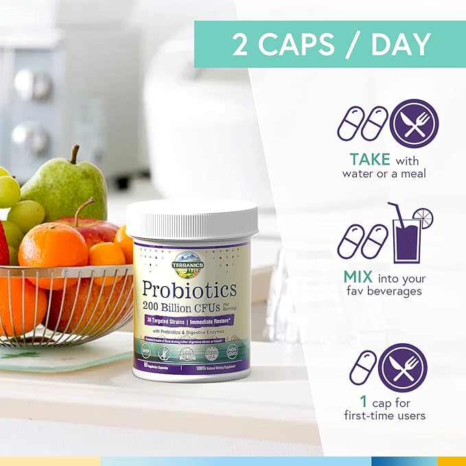 Terranics Daily Probiotics for Men & Women, 200 Billion 36 Strains Immediate Restore Probiotics, with Prebiotics & Enzymes, Healthy Regularity, Delayed Release, Shelf Stable, 60 Veggie Caps