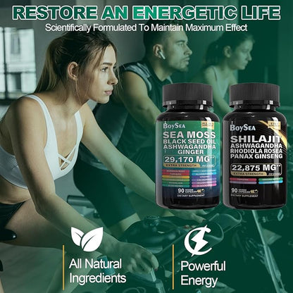 Boysea.Sea Moss and shilajit Bundle - 90 Count - Sea Moss 7000mg, Black Seed Oil 4000mg, Ashwagandha 2000mg, Ginger & Shilajit 9000mg, Rhodiola Rosea 1000mg, All in 1 Supplements (1 Pack)