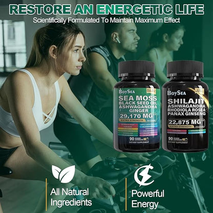 Boysea.sea Moss and shilajit Bundle - 90 Count - Sea Moss 7000mg, Black Seed Oil 4000mg, Ashwagandha 2000mg, Ginger & Shilajit 9000mg, Rhodiola Rosea 1000mg, All in 1 Supplements (3 Pack)