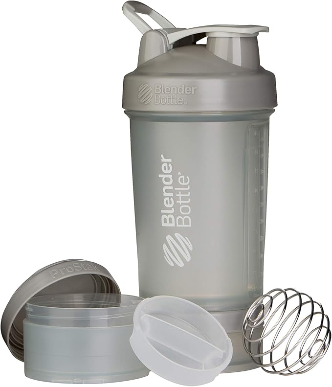 BlenderBottle Shaker Bottle with Pill Organizer and Storage for Protein Powder, ProStak System, 22-Ounce, Pebble Grey