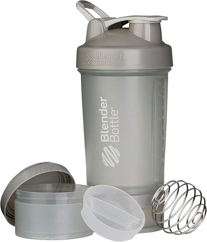 BlenderBottle Shaker Bottle with Pill Organizer and Storage for Protein Powder, ProStak System, 22-Ounce, Pebble Grey