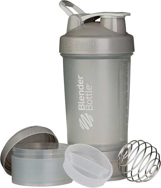 BlenderBottle Shaker Bottle with Pill Organizer and Storage for Protein Powder, ProStak System, 22-Ounce, Pebble Grey