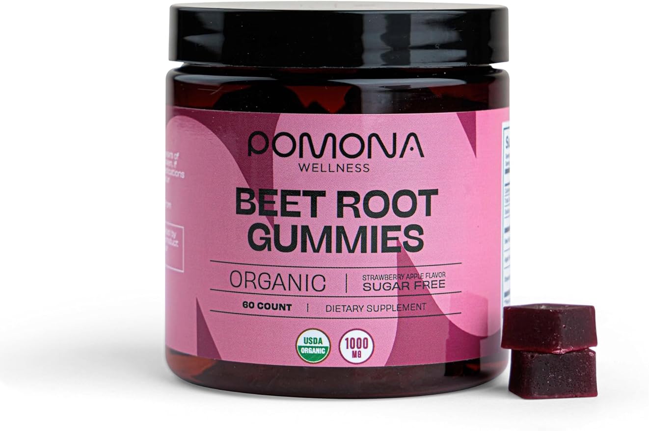 Pomona Wellness Organic Potent Beetroot Powder Gummies 1000mg – Sugar Free, Nitric Oxide Supplement - Natural Strawberry and Apple Flavor, Vegan, 60 Count