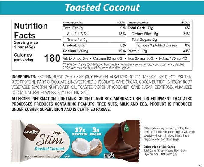NuGo Slim Dark Chocolate Toasted Coconut, 16g Vegan Protein, 3g Sugar, 7g Fiber, Low Net Carb, Keto Friendly, Gluten Free, 12 C