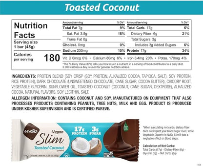 NuGo Slim Dark Chocolate Toasted Coconut, 16g Vegan Protein, 3g Sugar, 7g Fiber, Low Net Carb, Keto Friendly, Gluten Free, 12 C