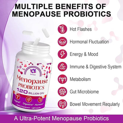 Menopause Supplements for Women, 120 Billion CFU Menopause Probiotics for Women, All-Natural Probiotic for Hot Flashes Menopause, Night Sweats, Mood Swings, Gut and Hormone - 60 Herbal Capsules