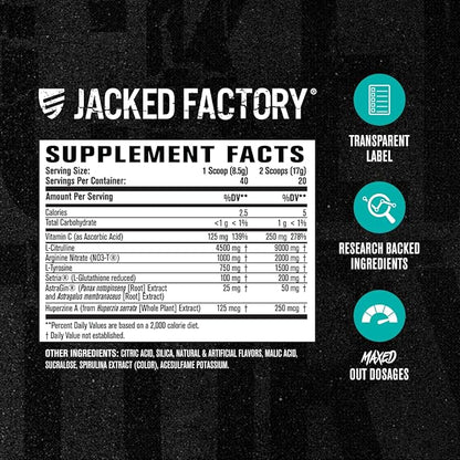 Jacked Factory Pumpsurge Max Stim Free Pre Workout - High-Performance Caffeine Free Pre Workout with L-Citrulline, N03-T Arginine Nitrate & Glutathione - 40 Servings, Blue Raspberry