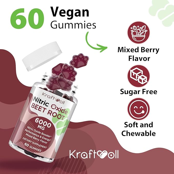 Nitric Oxide Beet Root Gummies 6000MG Supplements - Sugar Free, Beetroot, Grapeseed Powder, Pomegranate Powder, Vitamin C and B12 - Beet Chewables Mixed Berry Flavor, 60 Gummies