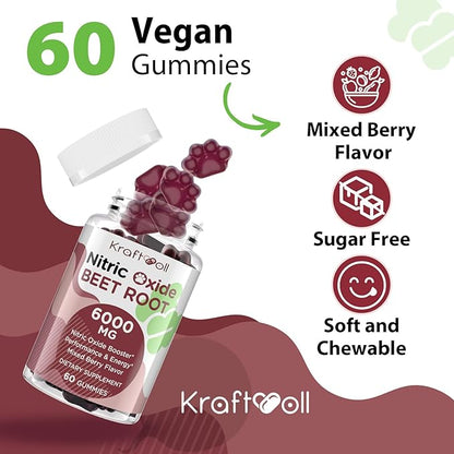 Nitric Oxide Beet Root Gummies 6000MG Supplements - Sugar Free, Beetroot, Grapeseed Powder, Pomegranate Powder, Vitamin C and B12 - Beet Chewables Mixed Berry Flavor, 60 Gummies