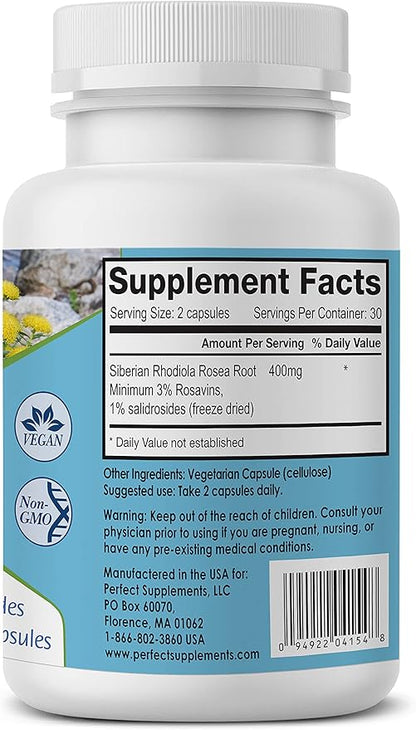 Perfect Supplements – Perfect Rhodiola Rosea – 60 Capsules – Natural Adaptogen Supplement – Increases Energy – Better Focus – 3 Pack