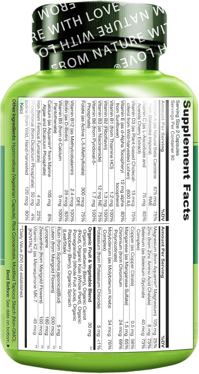 NATURELO Whole Food Multivitamin for Teens - Vitamins and Minerals for Teenage Boys and Girls - Supplement for Active Kids - with Organic Whole Foods - Non-GMO - Vegan & Vegetarian - 180 Capsules