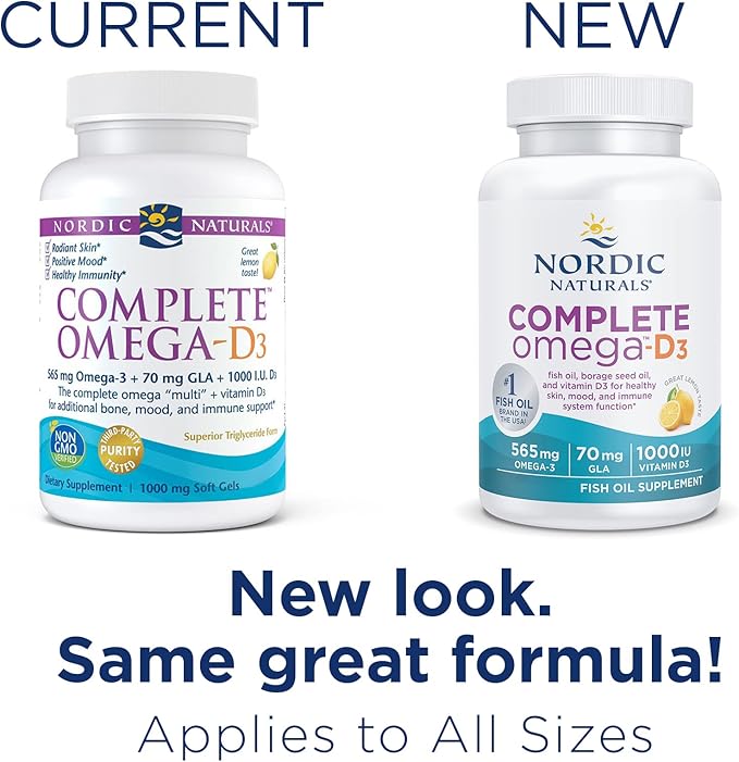 Nordic Naturals Complete Omega-D3, Lemon Flavor - 565 mg Omega-3 + 70 mg GLA + 1000 IU Vitamin D3-60 Soft Gels - EPA & DHA - Healthy Skin & Joints, Cognition, Positive Mood - Non-GMO - 30 Servings