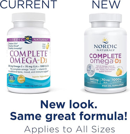 Nordic Naturals Complete Omega-D3, Lemon Flavor - 565 mg Omega-3 + 70 mg GLA + 1000 IU Vitamin D3-60 Soft Gels - EPA & DHA - Healthy Skin & Joints, Cognition, Positive Mood - Non-GMO - 30 Servings
