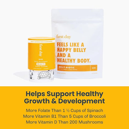 FIRST DAY Kids Daily Multivitamin + Tribiotic Gummies – Vitamin A, D3, B6, B12, C, Pre+, Post+, Probiotics & More to Support Growth, Brain Function, Immunity, Digestion – Low Sugar – 30 Day Supply