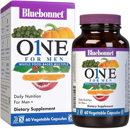 Bluebonnet Nutrition One for Men Whole Food-Based Multiple, Daily Nutrition*, Non-GMO, Vegetarian Friendly, Kosher, Gluten-Free, Soy-Free, Dairy-Free, Iron Free, 60 Vegetable Capsules, 60 Servings
