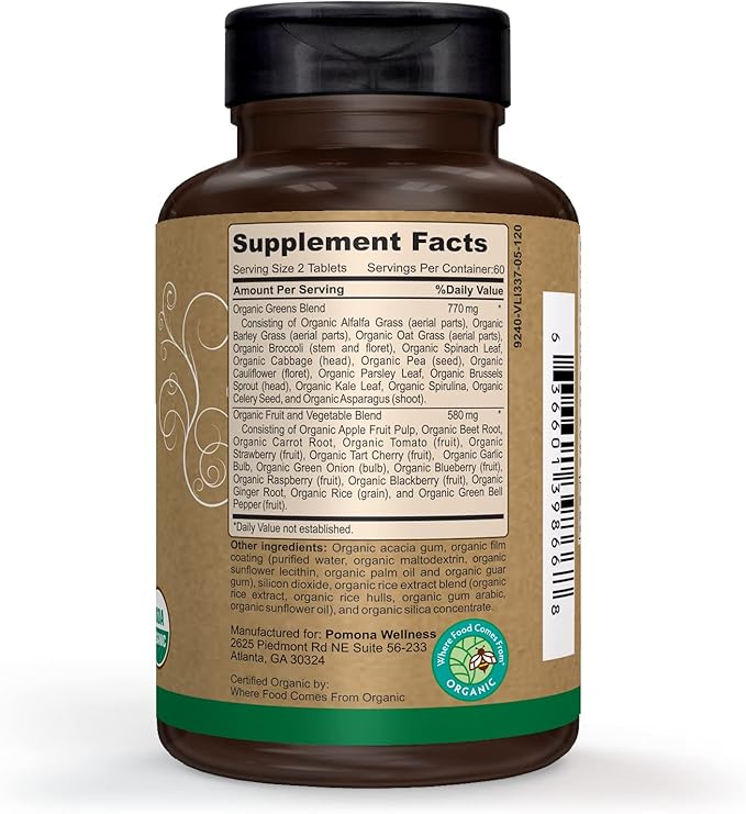 Pomona Wellness Super Greens Supplement, Full Of Superfood Vitamins & Minerals, Fruits & Vegetable, Greens Powder for Bloating and Digestion, Gut Health, USDA Organic, Non-GMO, 120 Tablets