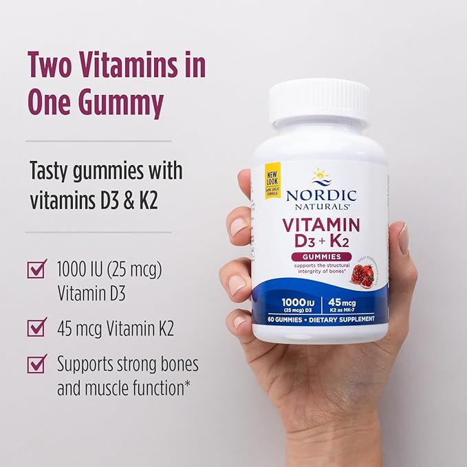 Nordic Naturals Vitamin D3 + K2 Gummies, Pomegranate - 60 Gummies - 1000 IU Vitamin D3 + 45 mcg Vitamin K2 - Great Taste - Bone Health, Promotes Healthy Muscle Function - Non-GMO - 60 Servings