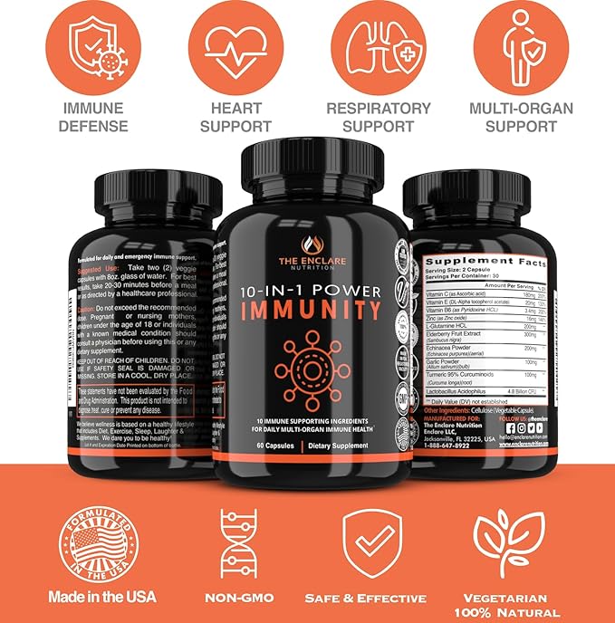 THE ENCLARE NUTRITION Immune Support Vitamins with Vitamin C, Elderberry, Zinc, Echinacea, Turmeric Curcumin, Garlic. 10in1 Immunity Defense Supplement Booster for Adults. Veg Capsules 60ct (3)