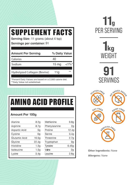 BulkSupplements.com Collagen Peptides Powder - Collagen Supplement, Bovine Collagen Powder - Powdered Collagen, Hydrolyzed & Gluten Free, 11g per Serving, 1kg (2.2 lbs) (Pack of 1)