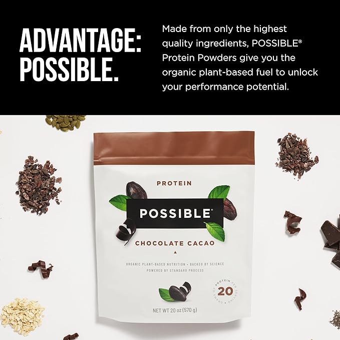 Possible Protein Powder Chocolate Cacao - 20g of Vegan, Plant-Based Protein Mix - Non-GMO, Non-Dairy, Gluten-Free - 3.5g of BCAAs - 9 Essential Amino Acids - 15-Day Supply - 1 Bag, 15 Servings