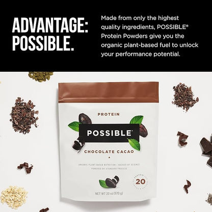 Possible Protein Powder Chocolate Cacao - 20g of Vegan, Plant-Based Protein Mix - Non-GMO, Non-Dairy, Gluten-Free - 3.5g of BCAAs - 9 Essential Amino Acids - 15-Day Supply - 1 Bag, 15 Servings