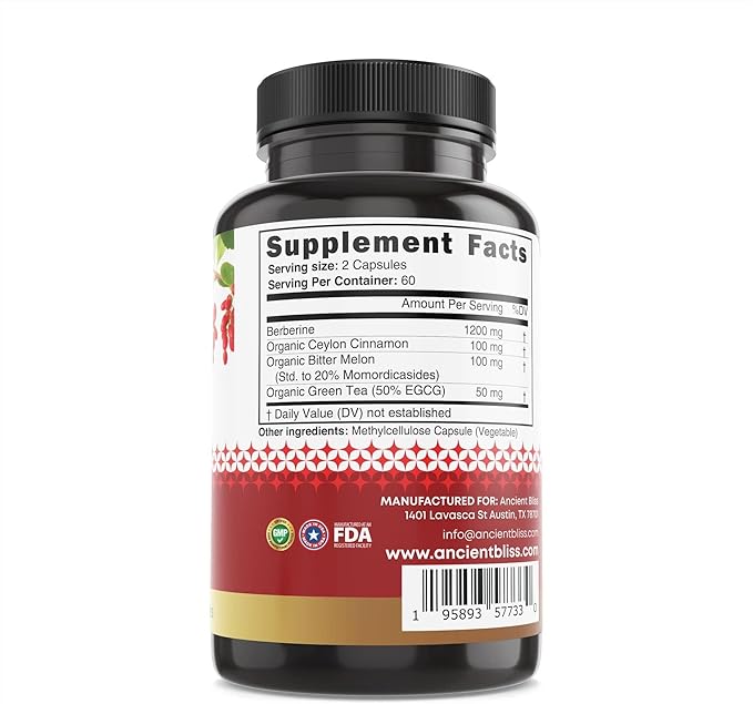 Ancient Bliss Berberine HCL 1200mg with Ceylon Cinnamon, Bitter Melon, and Green Tea Extract - 120 Capsules Supports Glucose Metabolism, Immune System