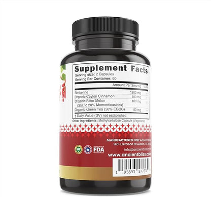 Ancient Bliss Berberine HCL 1200mg with Ceylon Cinnamon, Bitter Melon, and Green Tea Extract - 120 Capsules Supports Glucose Metabolism, Immune System