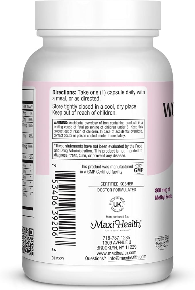 Maxi Health Women's Daily Multivitamin Biotin, Vitamins A B C D E, Calcium, Zinc, Lutein, Magnesium, Folate and More. Supports Gut Health for Women. Natural, Non-GMO, Gluten Free & Dairy Free Kosher