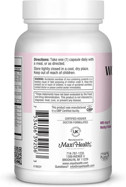Maxi Health Women's Daily Multivitamin Biotin, Vitamins A B C D E, Calcium, Zinc, Lutein, Magnesium, Folate and More. Supports Gut Health for Women. Natural, Non-GMO, Gluten Free & Dairy Free Kosher