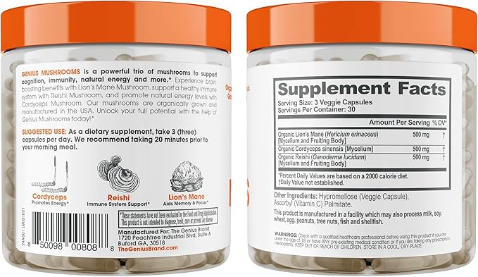Genius Lions Mane Cognition Vitamins Supplement Capsules - Organic Nootropic Supplement, 1200mg per Serving – 120 Veggie Pills