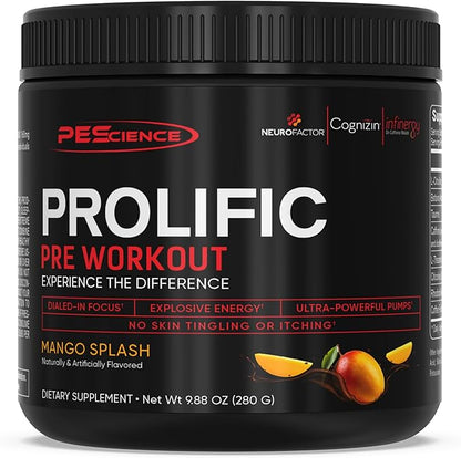PEScience Prolific Pre Workout Powder, Mango Splash, 40 Scoops, Energy Supplement with Nitric Oxide