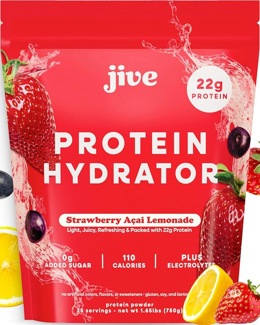 Jive Protein Hydrator Clear Protein Powder - 25 Servings, 22g Protein, 110 Calories & w/Electrolytes - Strawberry Acai Lemonade - Grass Fed Clear Whey Isolate Protein - Clear Whey Protein Powder