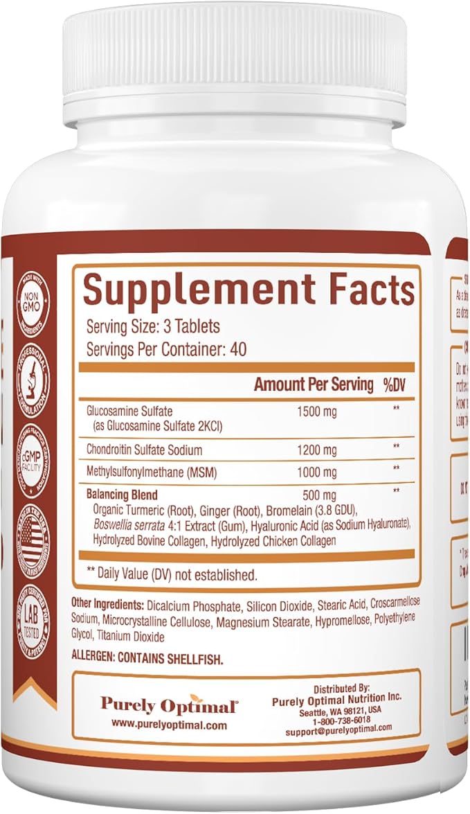 Purely Optimal Glucosamine Chondroitin MSM Supplement w/Turmeric & Boswellia - Glucosamine Sulfate Joint Supplement for Men & Women - 120 Tablets