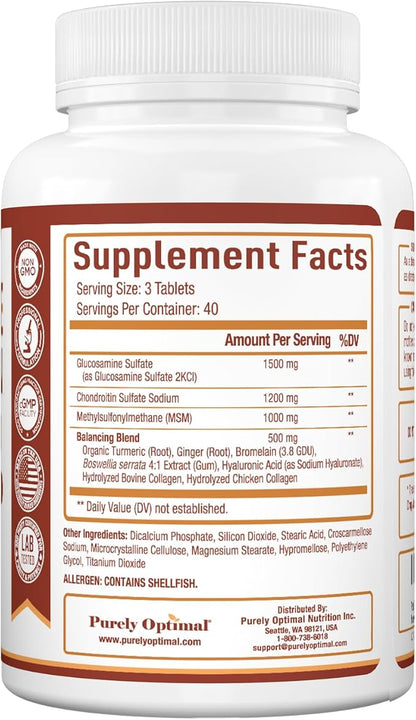Purely Optimal Glucosamine Chondroitin MSM Supplement w/Turmeric & Boswellia - Glucosamine Sulfate Joint Supplement for Men & Women - 120 Tablets