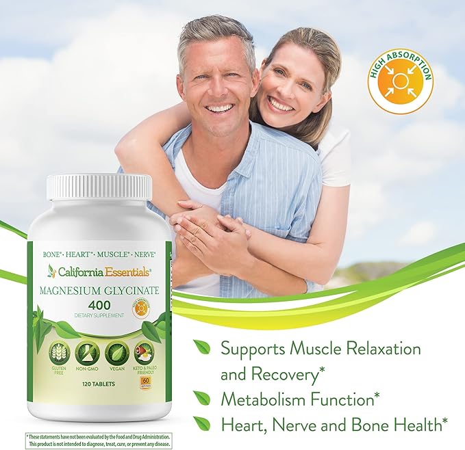 Magnesium Glycinate 400 - Chelated, High Absorption Magnesium for Muscle Relief, Bone & Heart Support -Vegan, Non-GMO, Gluten-Free 120 Tablets (Servings 60, Serving Size (2) 200mg Tablets)
