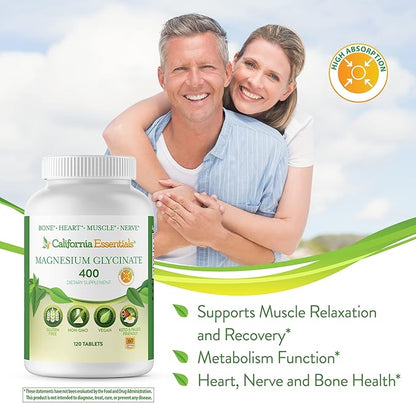 Magnesium Glycinate 400 - Chelated, High Absorption Magnesium for Muscle Relief, Bone & Heart Support -Vegan, Non-GMO, Gluten-Free 120 Tablets (Servings 60, Serving Size (2) 200mg Tablets)