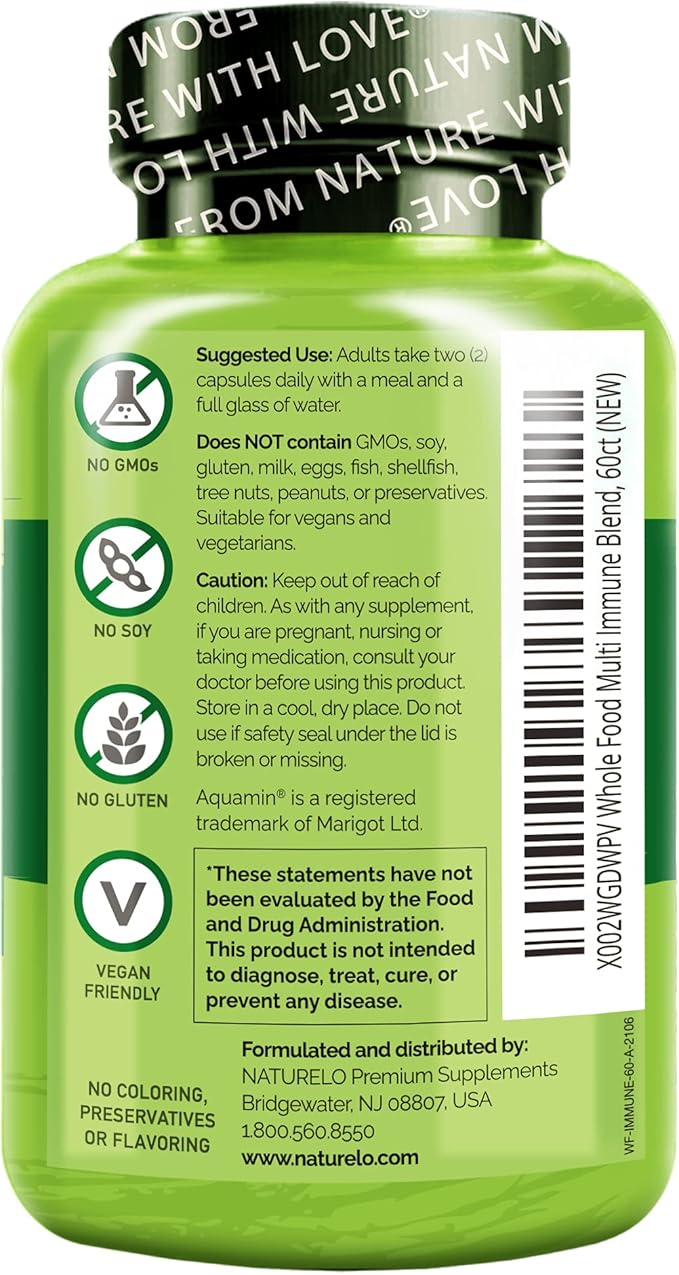 NATURELO Whole Food Multivitamin + Immune Blend with Elderberry & Mushrooms - Complete Multivitamin with Extra Immune Support - C, D3, Zinc, Elderberry, Reishi, Shitake - 60 Vegan Capsules (Pack of 2)