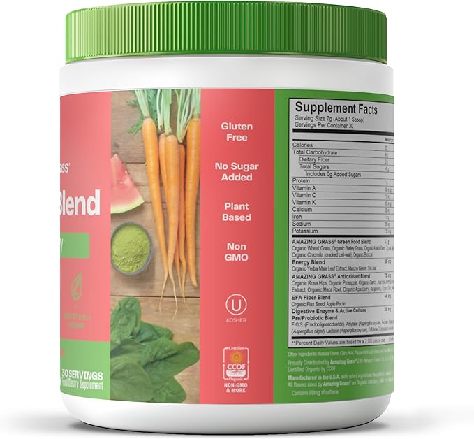 Amazing Grass Greens Superfood Energy: Greens Powder with Plant Based Caffeine, Matcha Green Tea & Beet Root Powder, Watermelon, 30 Servings (Packaging May Vary)