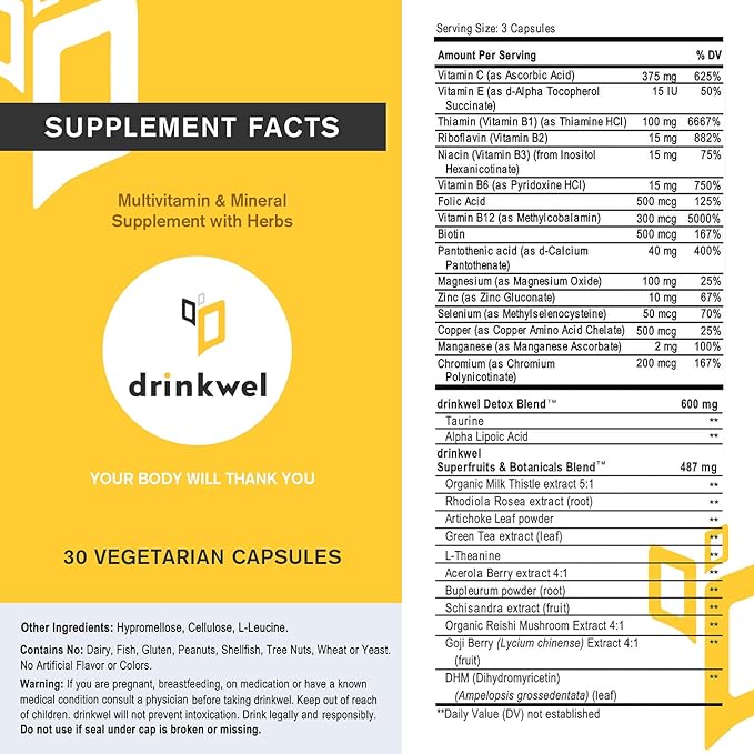 drinkwel Better Mornings - Premium Multivitamin Supplement - Liver Cleanse, Detox, Immune Support- Milk Thistle, Vitamin C, Zinc, Magnesium - 30 Count