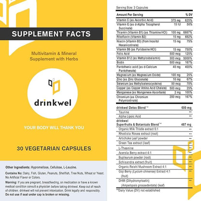 drinkwel Better Mornings - Premium Multivitamin Supplement - Liver Cleanse, Detox, Immune Support- Milk Thistle, Vitamin C, Zinc, Magnesium - 30 Count