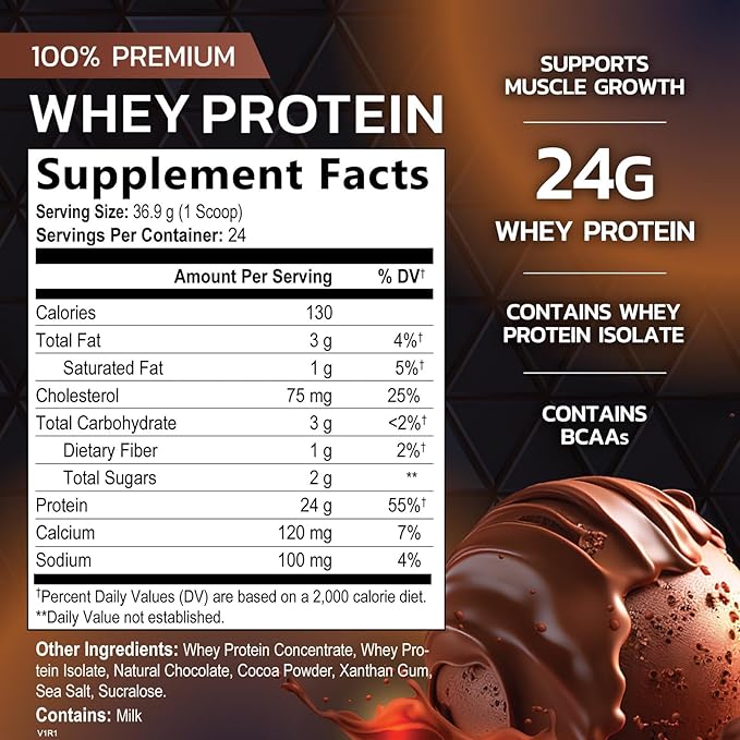 Premium 100% Whey Protein Powder 24g, Double Rich Chocolate, Advanced Isolate Protein for Muscle Gain, Recovery & Immune System Support, No Added Sugar, For Shakes & Chocolate Smoothies - 24 Servings