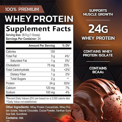 Premium 100% Whey Protein Powder 24g, Double Rich Chocolate, Advanced Isolate Protein for Muscle Gain, Recovery & Immune System Support, No Added Sugar, For Shakes & Chocolate Smoothies - 24 Servings