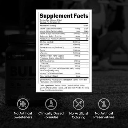Transparent Labs Bulk Black Pre Workout - Clinically Dosed, Sugar Free Preworkout for Men and Women with Beta Alanine Powder, Citrulline Malate, & Caffeine Powder- 30 Servings, Black Cherry