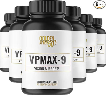Golden After 50 VpMax-9 - Sight Care and Antioxidant Supplement with Eye Vitamins, Lutein, Lycopene and Bilberry Extract - 6 Bottles